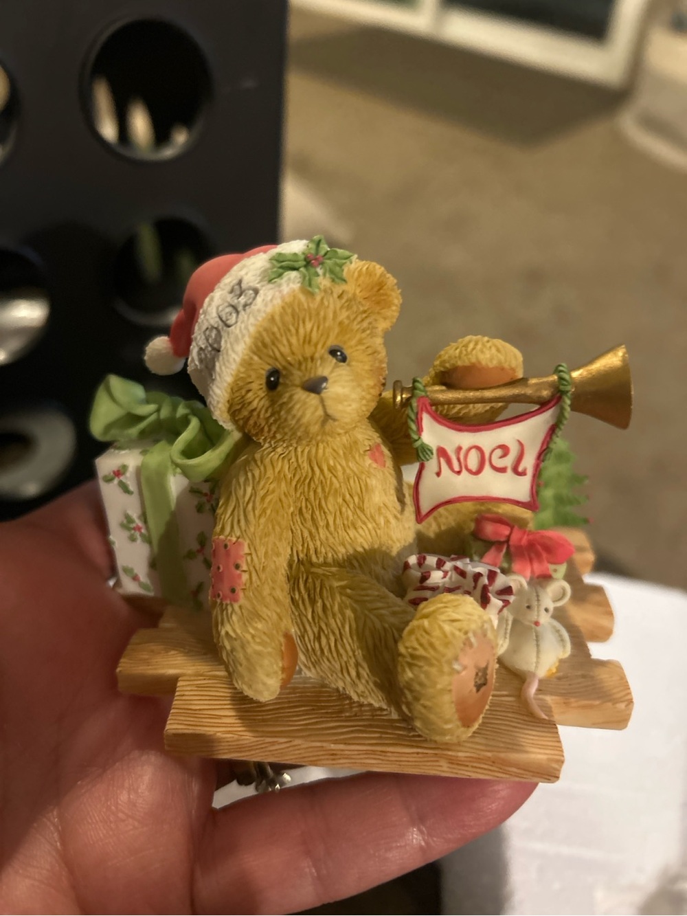 Cherished Teddies Yellow Bear with Red Noel Banner and Green Accents